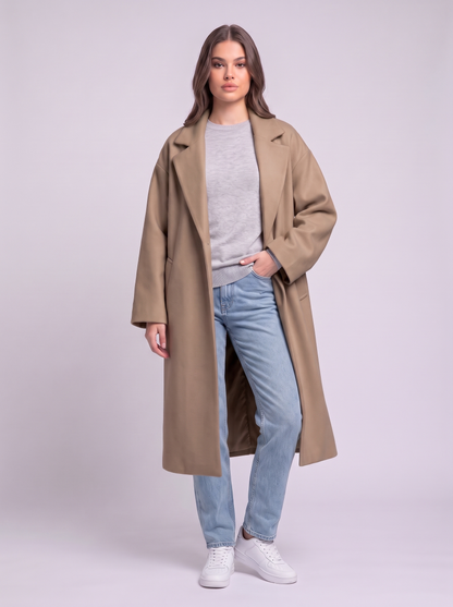 Long Wool-Blend Lapel Coat - Khaki