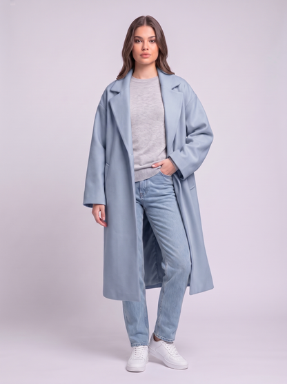 Long Wool-Blend Lapel Coat - Light Blue