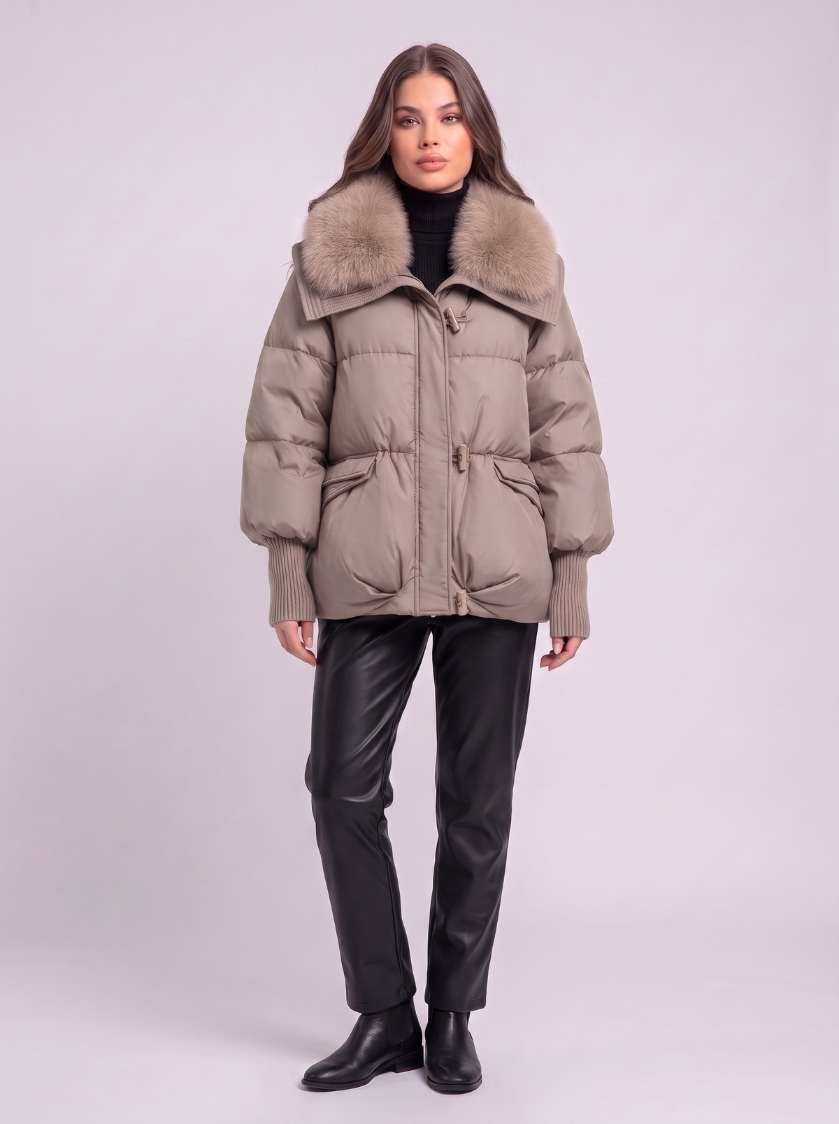 Fur Collar Short Puffer Jacket - Khaki