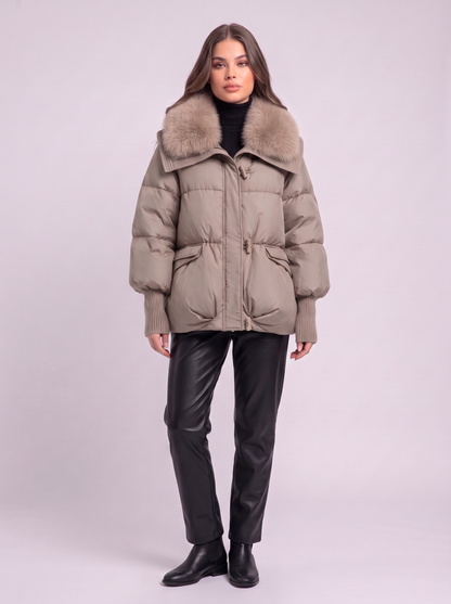 Fur Collar Short Puffer Jacket - Khaki