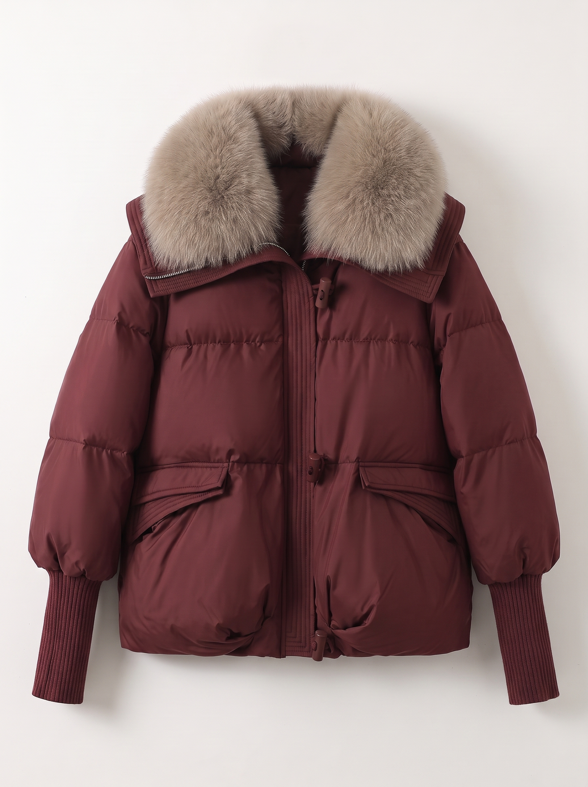 Fur Collar Short Puffer Jacket - Wine Red - flat lay
