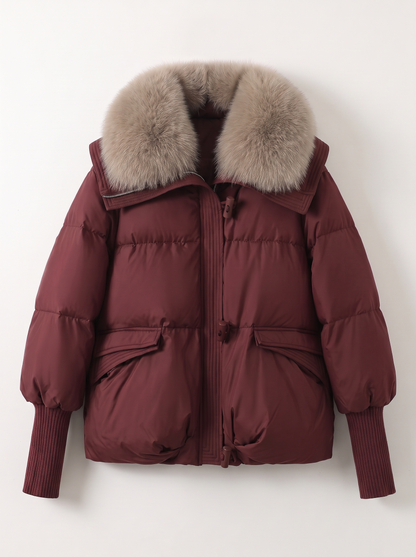 Fur Collar Short Puffer Jacket - Wine Red - flat lay