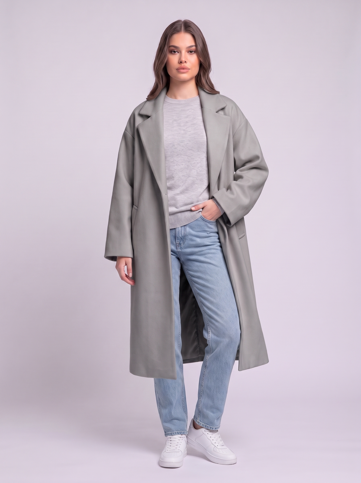 Long Wool-Blend Lapel Coat - Grey