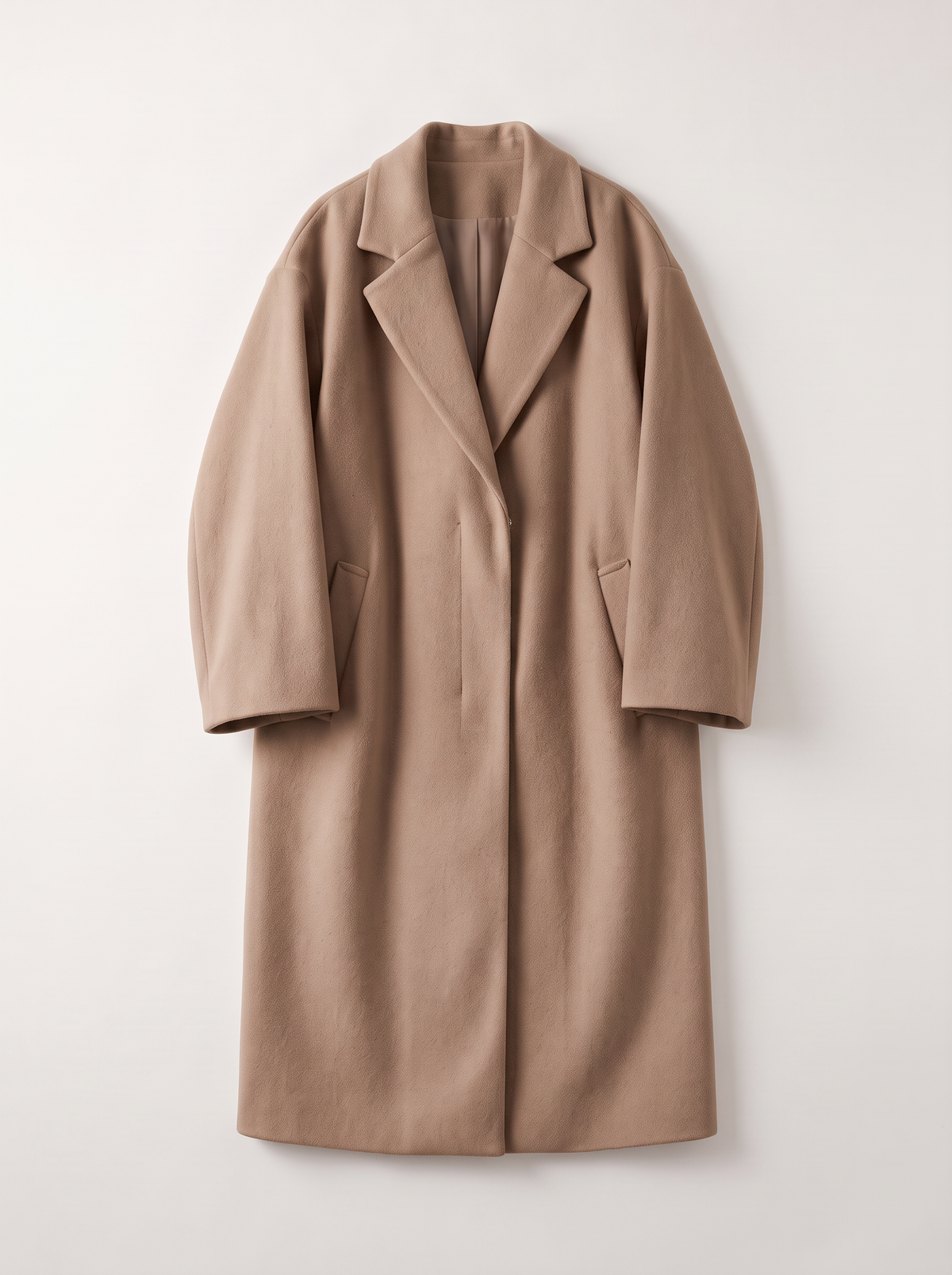 Long Wool-Blend Lapel Coat - Khaki - flat lay