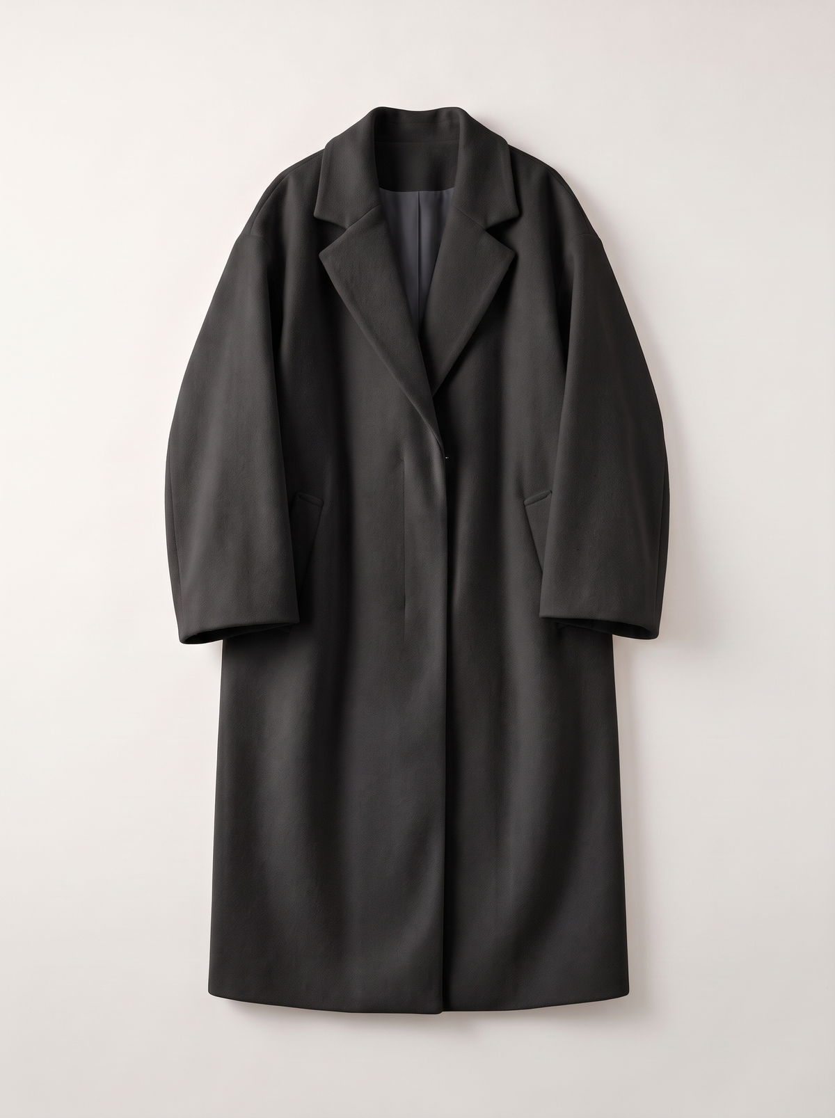 Long Wool-Blend Lapel Coat - Black - flat lay
