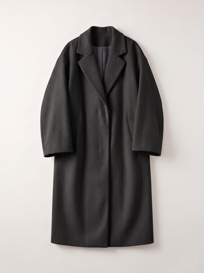 Long Wool-Blend Lapel Coat - Black - flat lay