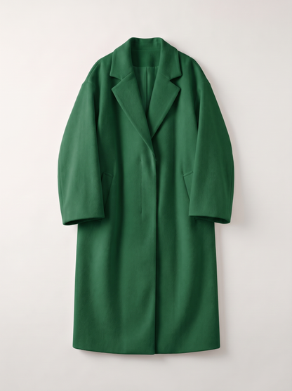 Long Wool-Blend Lapel Coat - Green - flat lay