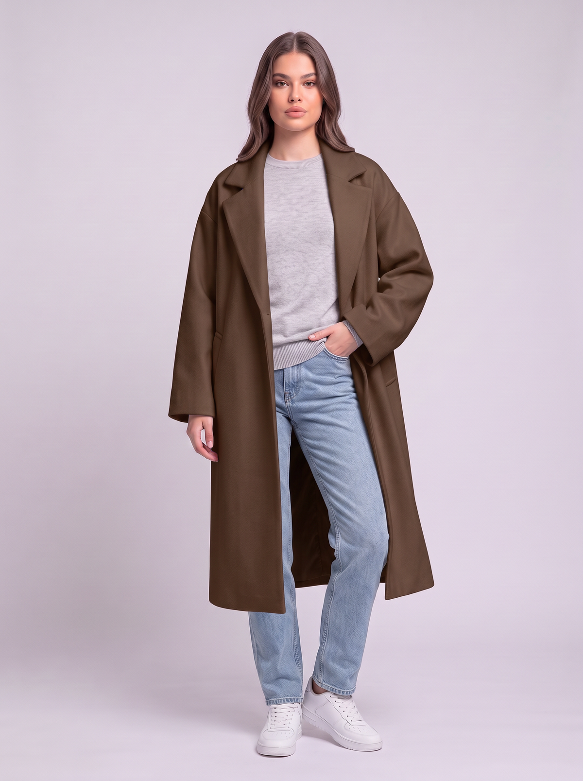 Long Wool-Blend Lapel Coat - Dark Maroon
