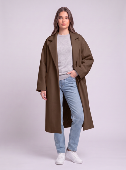Long Wool-Blend Lapel Coat - Dark Maroon