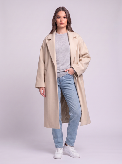 Long Wool-Blend Lapel Coat - Milk Tea