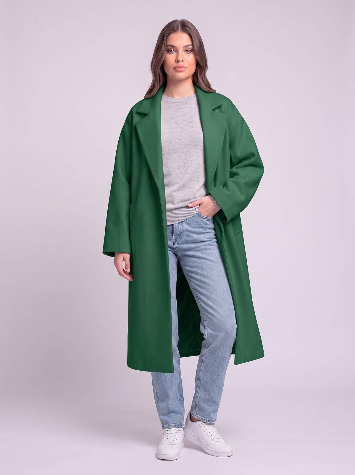 Long Wool-Blend Lapel Coat - Green