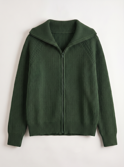 Ribbed Knit Zip Cardigan - Green - flat lay