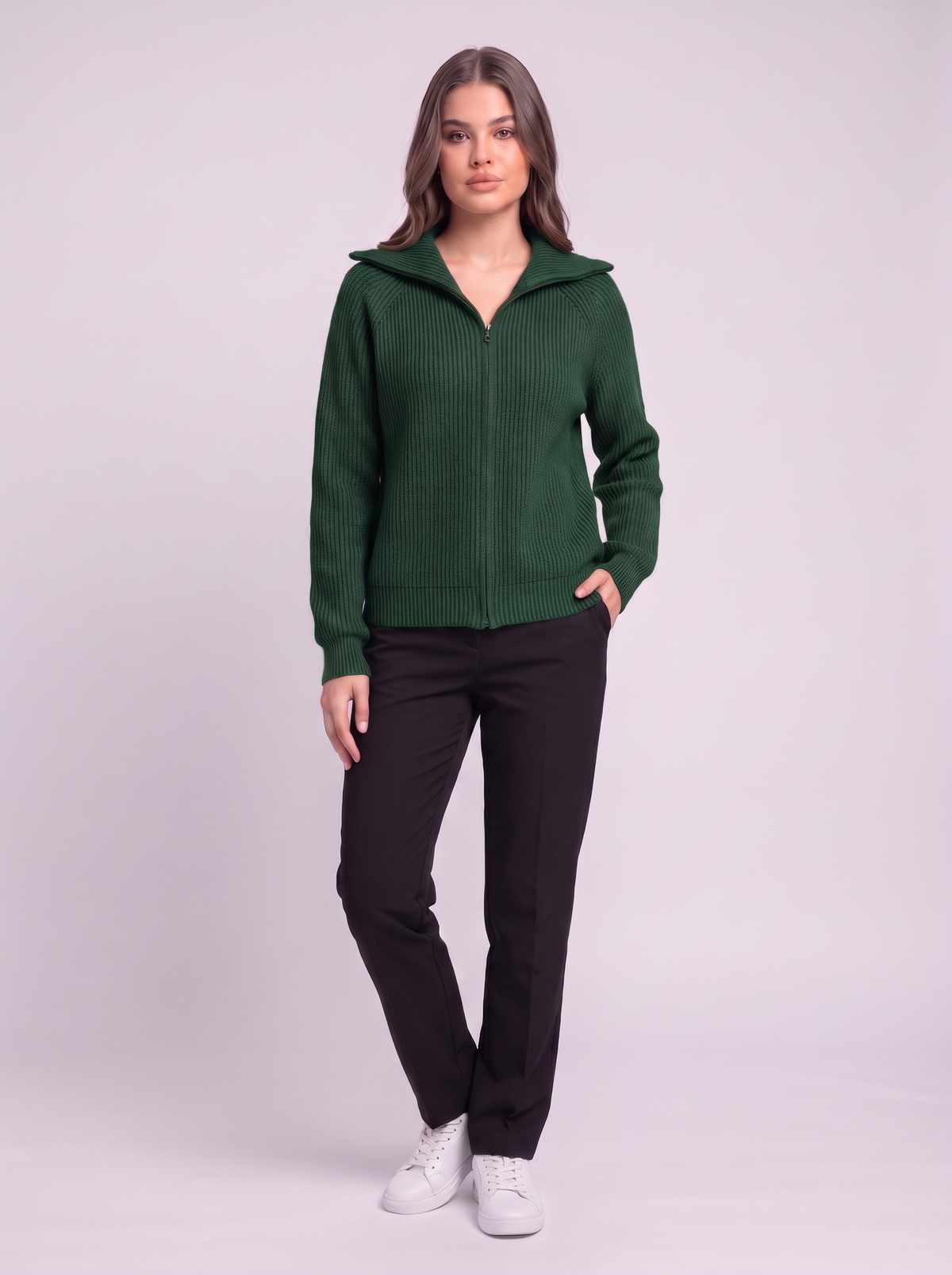 Ribbed Knit Zip Cardigan - Green