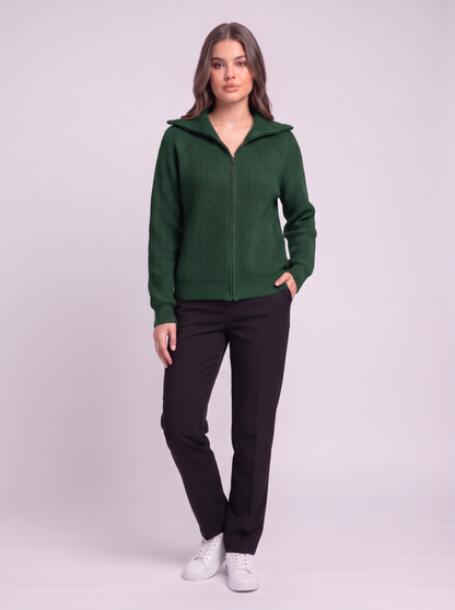 Ribbed Knit Zip Cardigan - Green