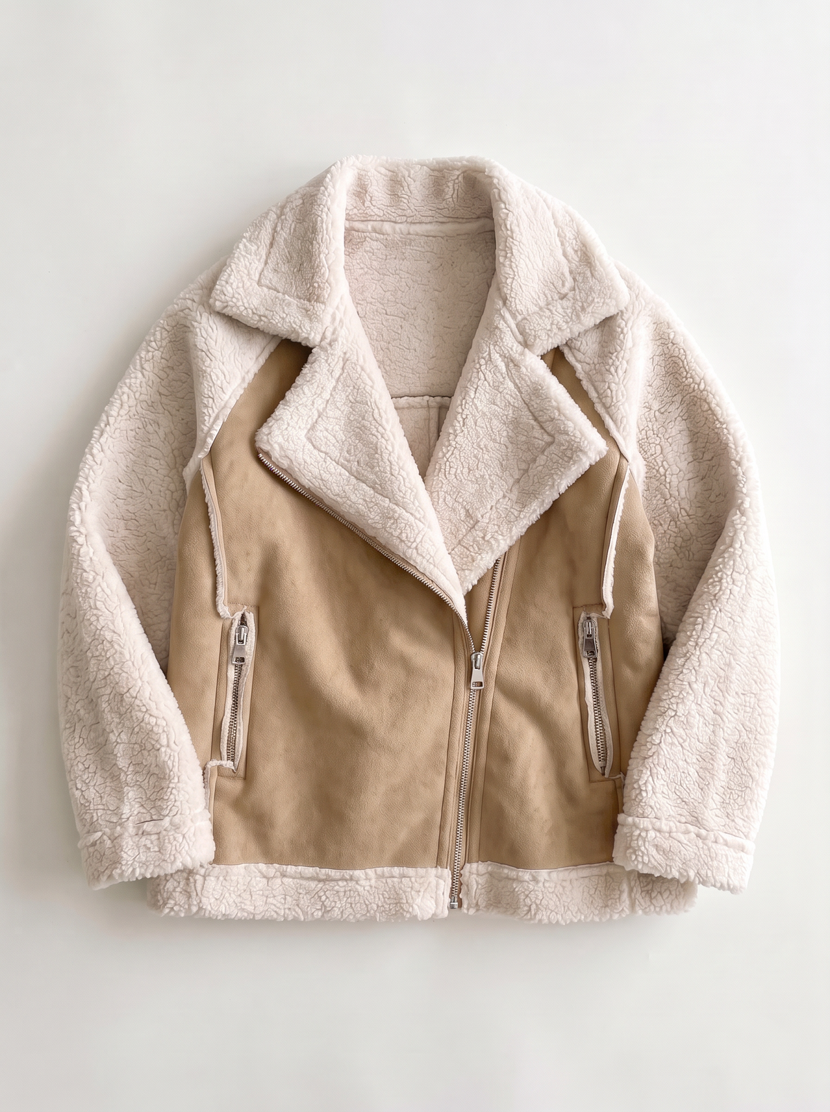 Faux Suede Shearling Biker Jacket - Beige - flat lay