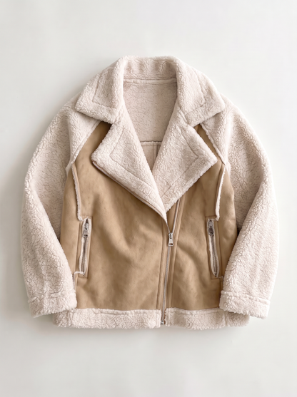 Faux Suede Shearling Biker Jacket - Beige - flat lay