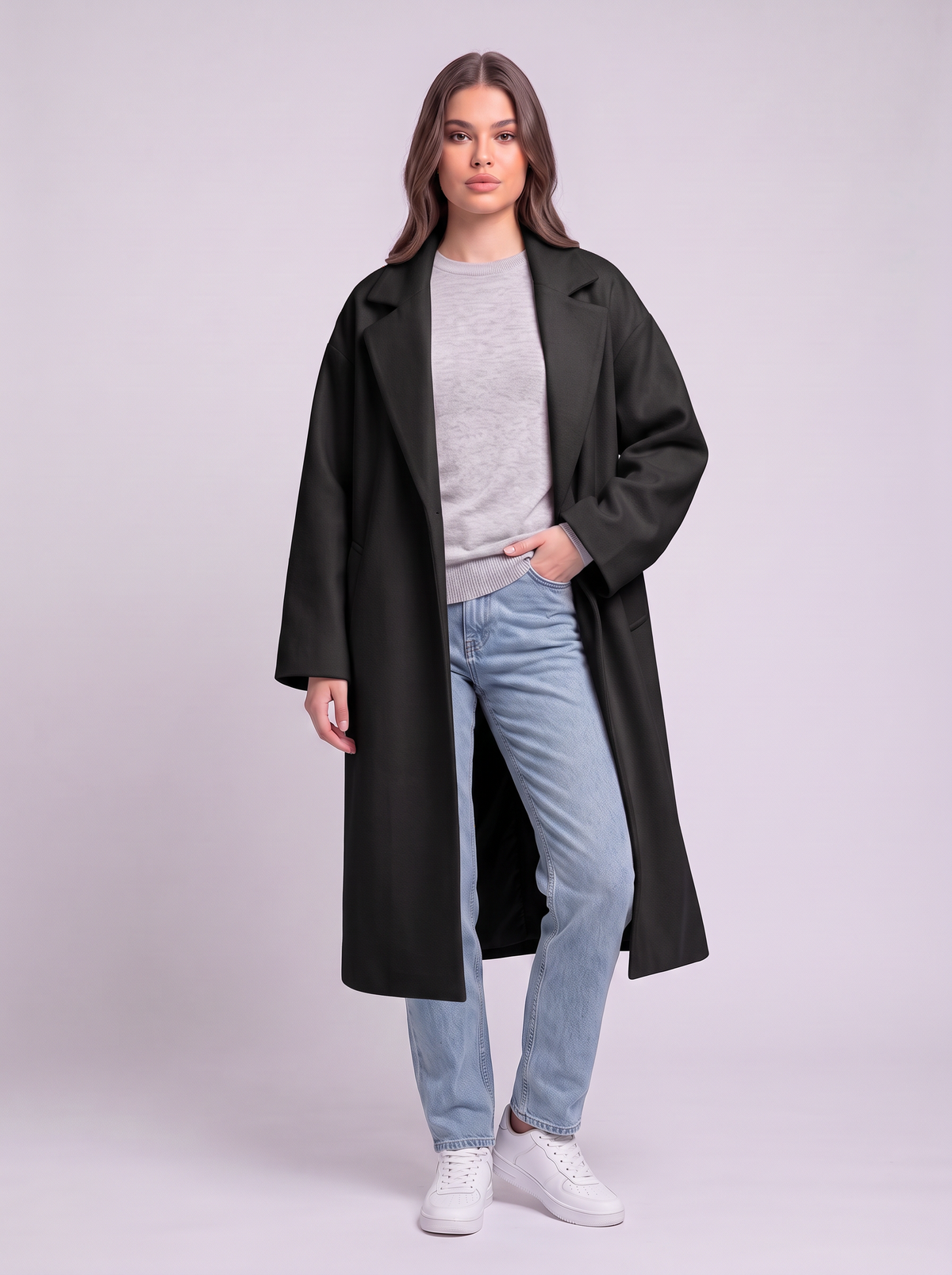 Long Wool-Blend Lapel Coat - Black
