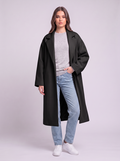 Long Wool-Blend Lapel Coat - Black