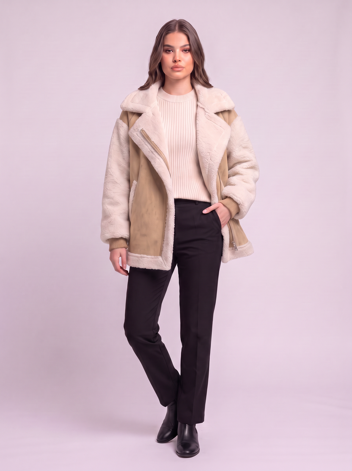 Faux Suede Shearling Biker Jacket - Beige