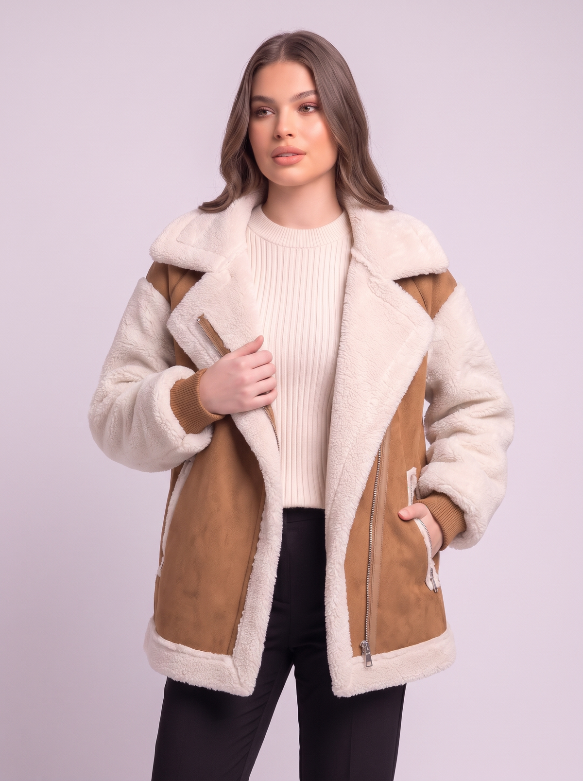 Faux Suede Shearling Biker Jacket - Khaki - detail