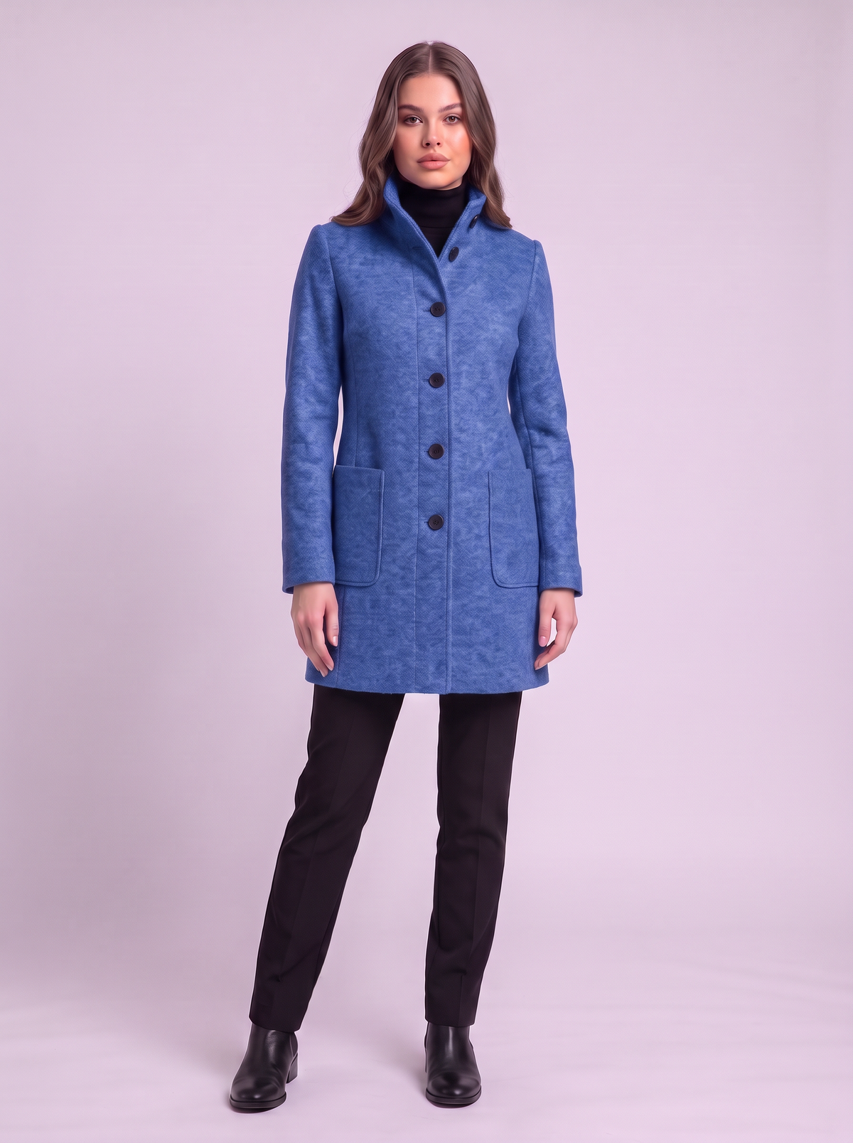 Stand Collar Wool-Blend Coat - Sky Blue