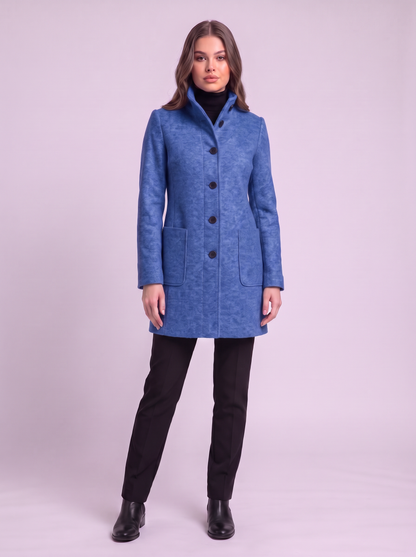 Stand Collar Wool-Blend Coat - Sky Blue