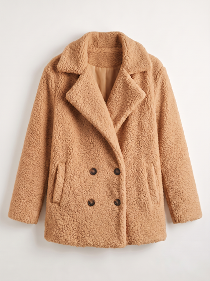 Teddy Fleece Double-Breasted Coat - Camel - flat lay
