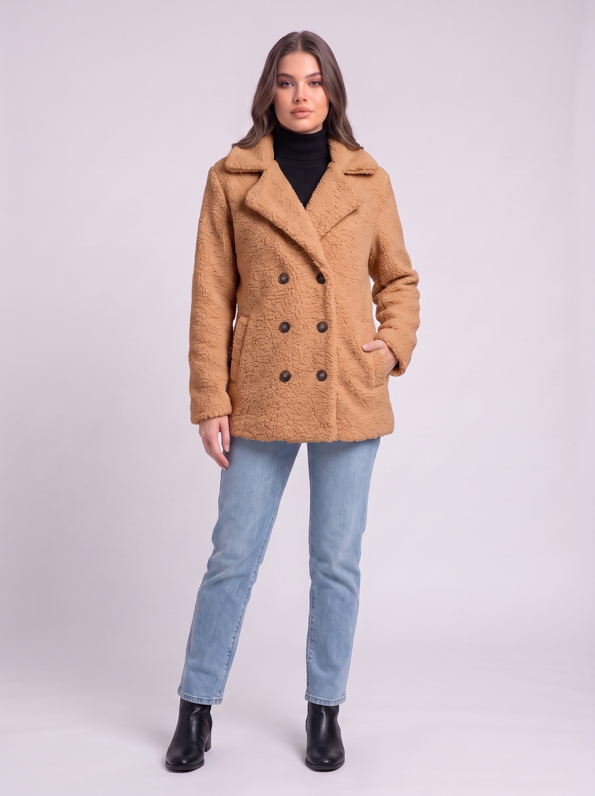 Teddy Fleece Double-Breasted Coat - Camel