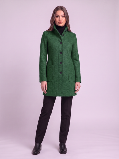 Stand Collar Wool-Blend Coat - Green