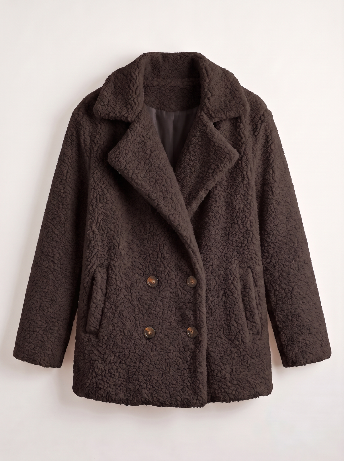 Teddy Fleece Double-Breasted Coat - Coffee - flat lay