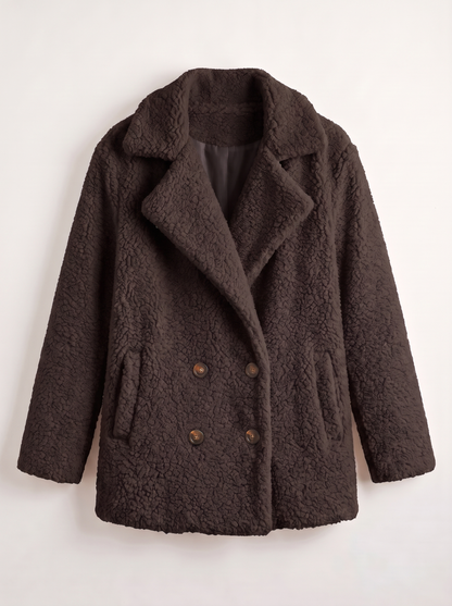 Teddy Fleece Double-Breasted Coat - Coffee - flat lay