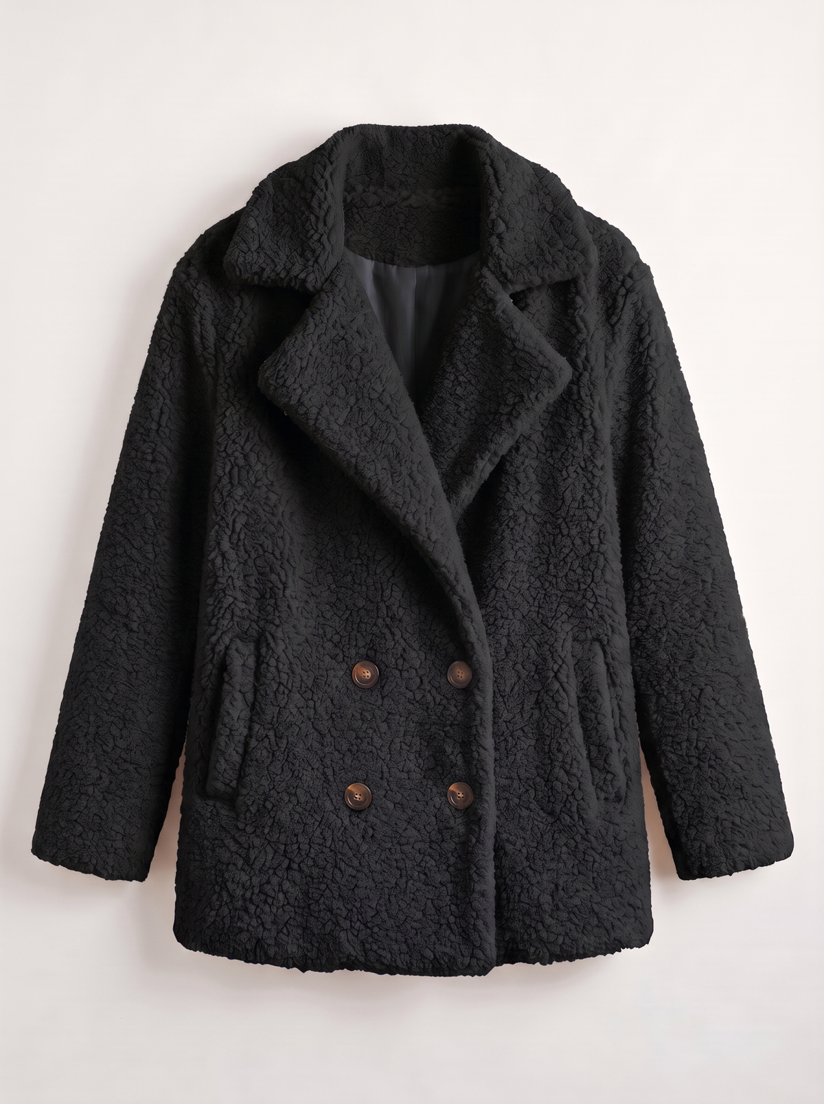Teddy Fleece Double-Breasted Coat - Black - flat lay