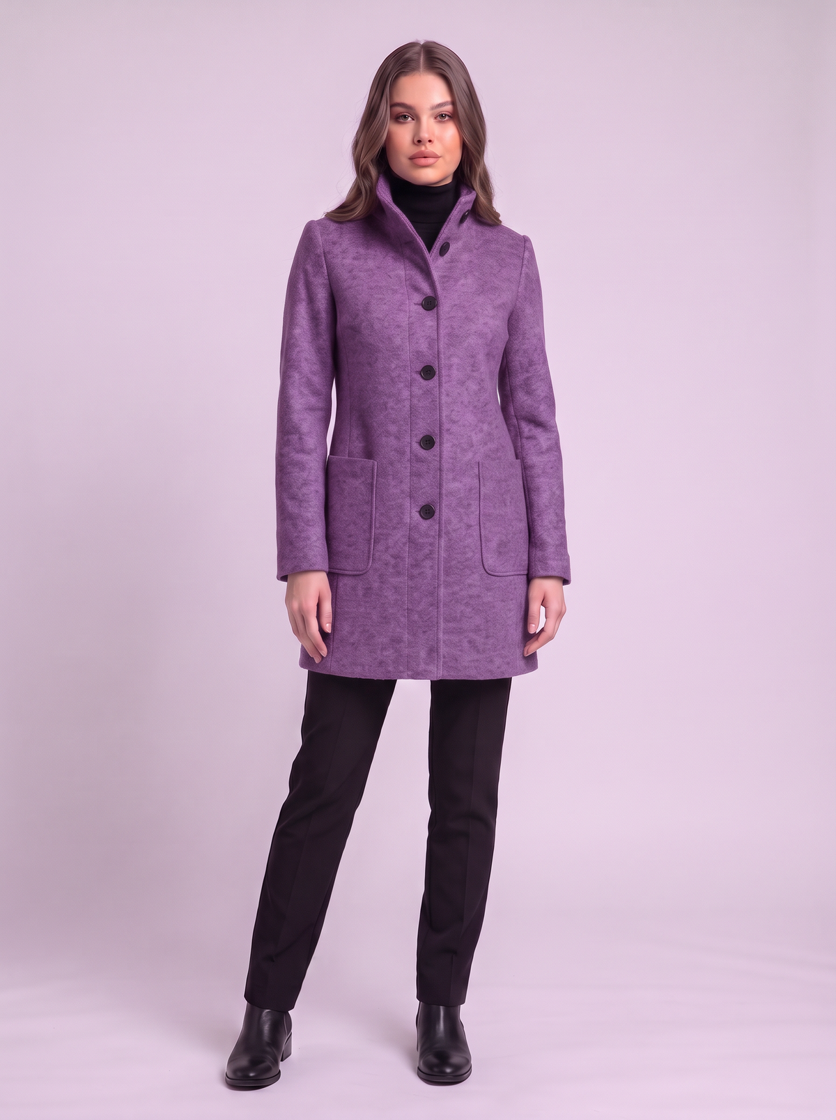 Stand Collar Wool-Blend Coat - Light Purple