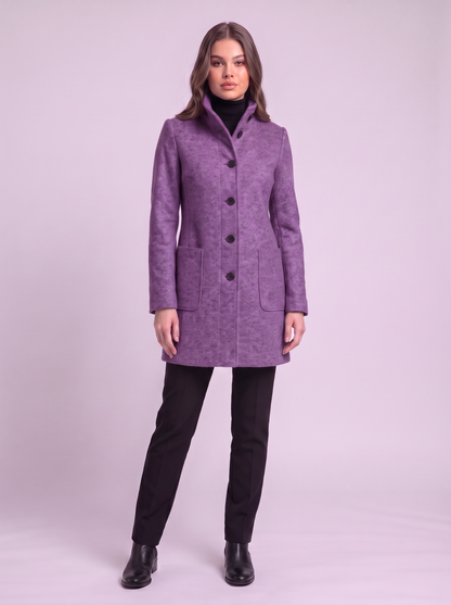 Stand Collar Wool-Blend Coat - Light Purple