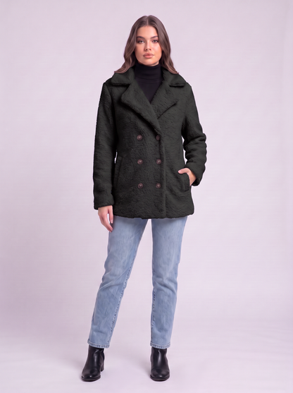 Teddy Fleece Double-Breasted Coat - Black