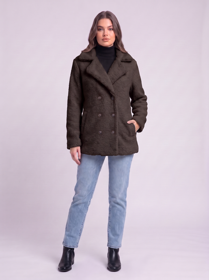 Teddy Fleece Double-Breasted Coat - Coffee