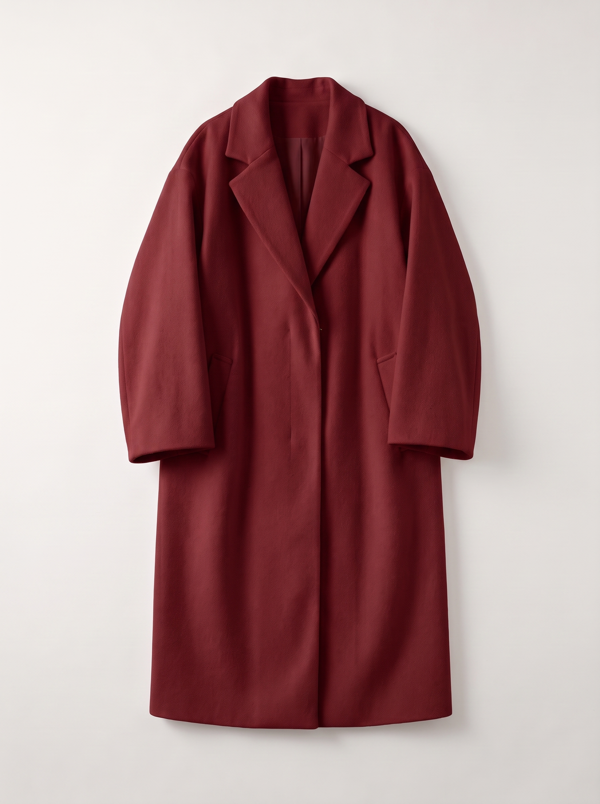 Long Wool-Blend Lapel Coat - Wine Red - flat lay