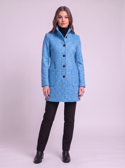 Stand Collar Wool-Blend Coat - Light Blue