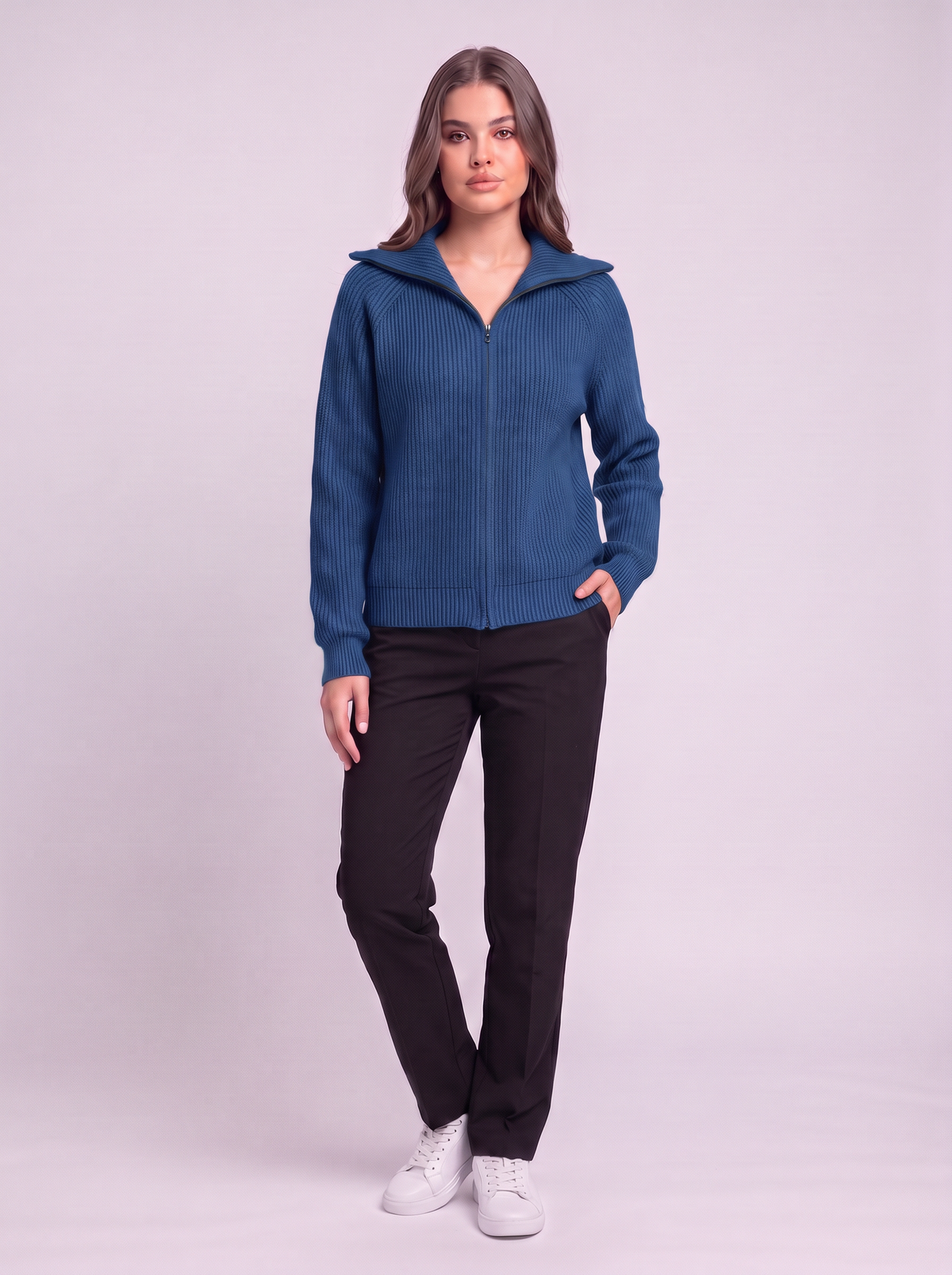 Ribbed Knit Zip Cardigan - Blue