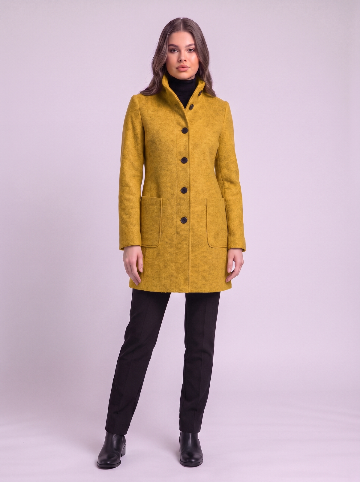 Stand Collar Wool-Blend Coat - Yellow