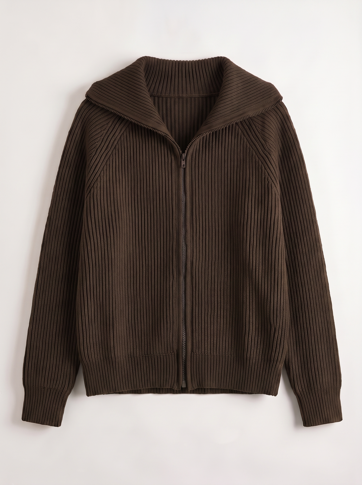 Ribbed Knit Zip Cardigan - Brown - flat lay