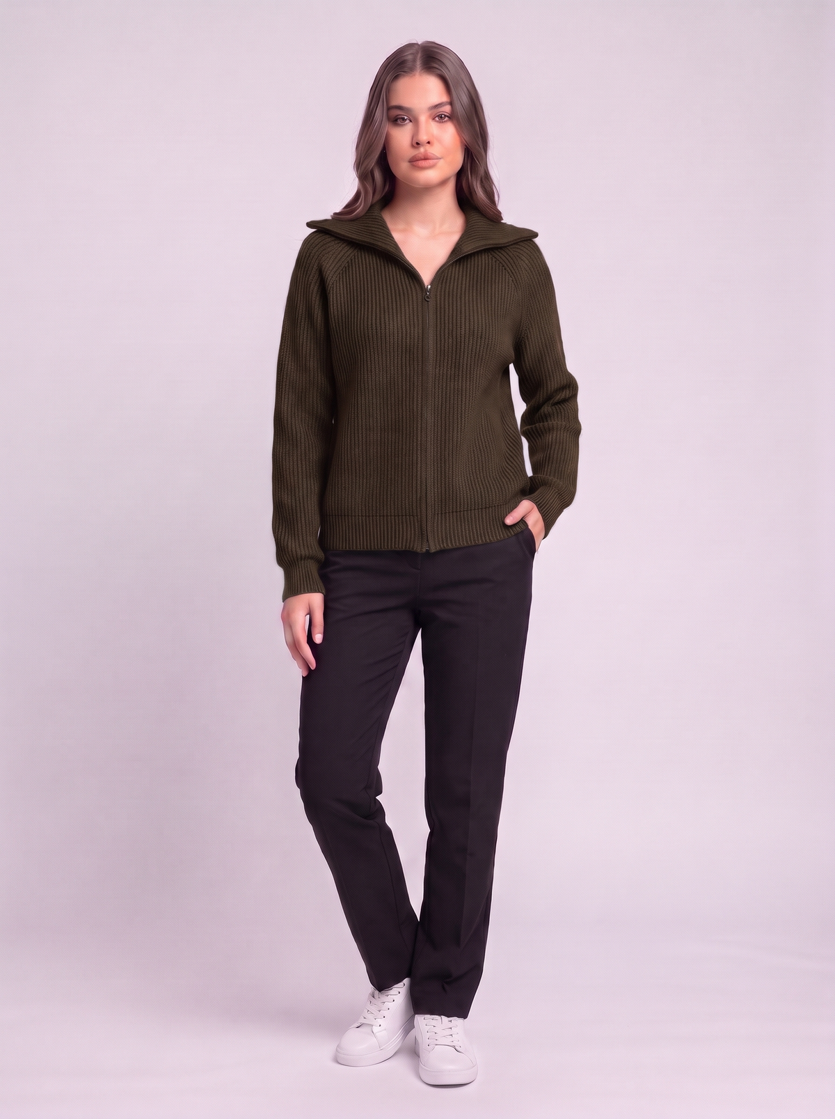 Ribbed Knit Zip Cardigan - Brown