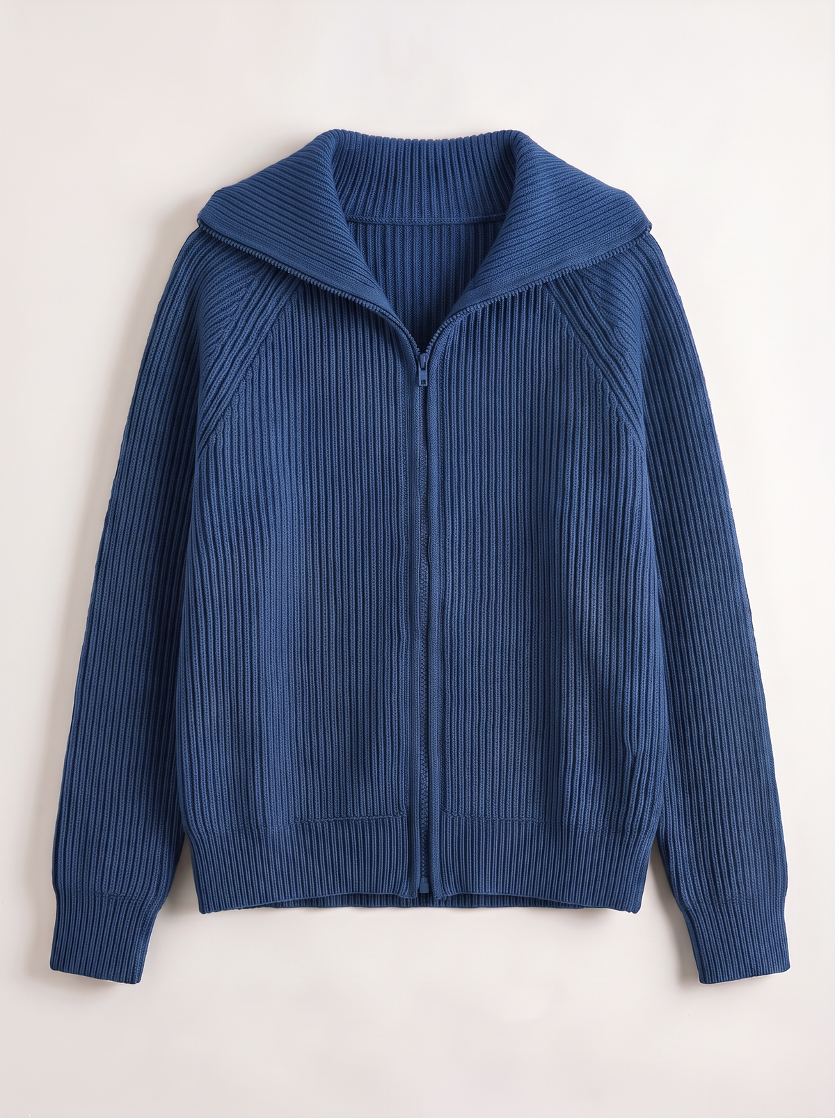 Ribbed Knit Zip Cardigan - Blue - flat lay