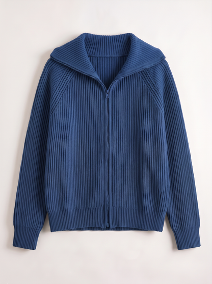 Ribbed Knit Zip Cardigan - Blue - flat lay