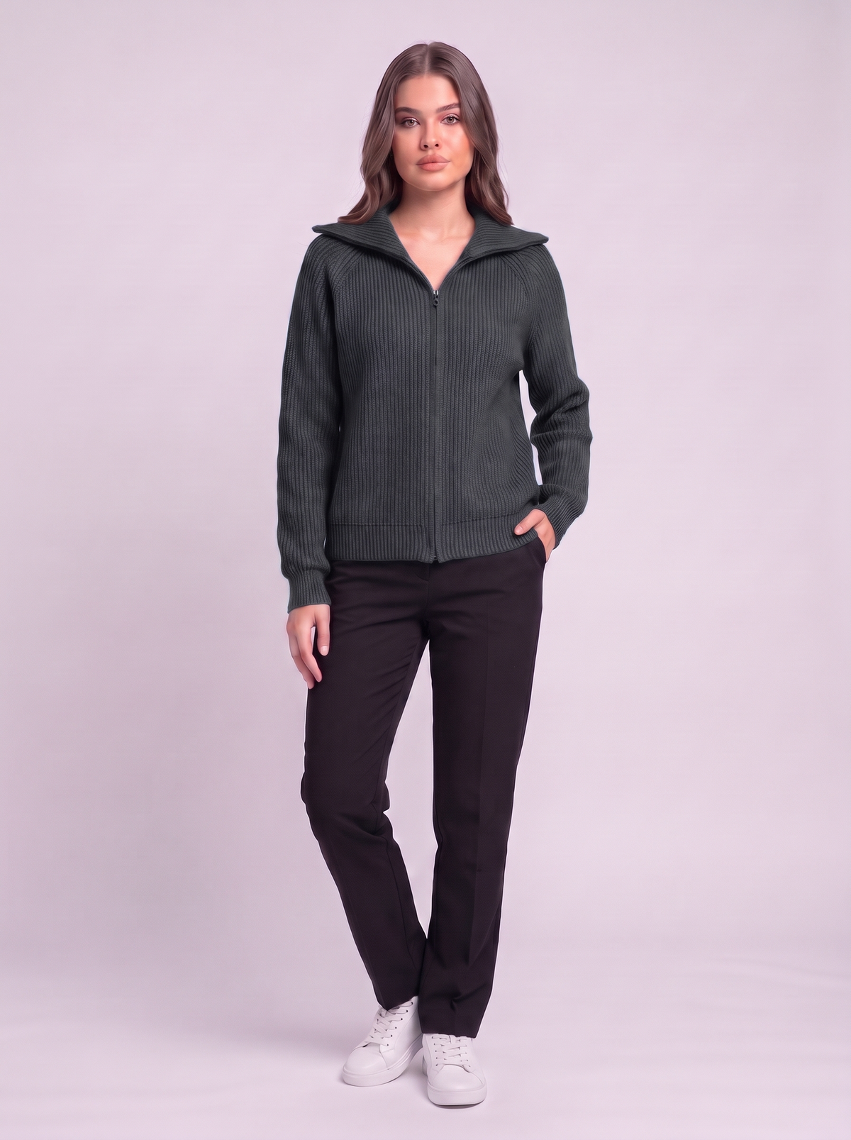 Ribbed Knit Zip Cardigan - Dark grey