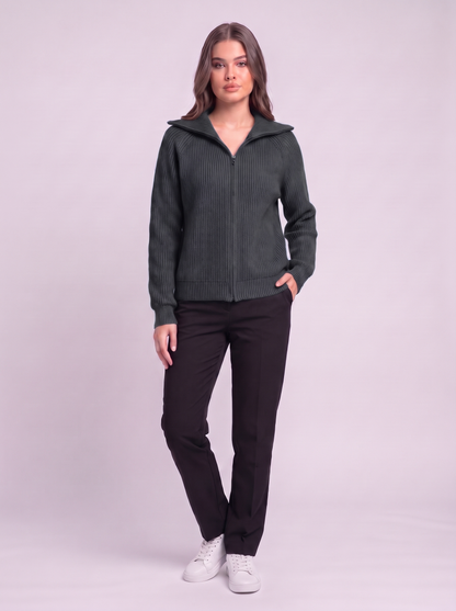 Ribbed Knit Zip Cardigan - Dark grey