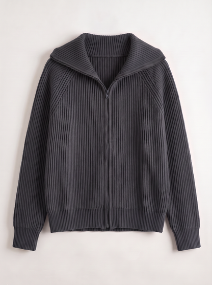 Ribbed Knit Zip Cardigan - Dark grey - flat lay