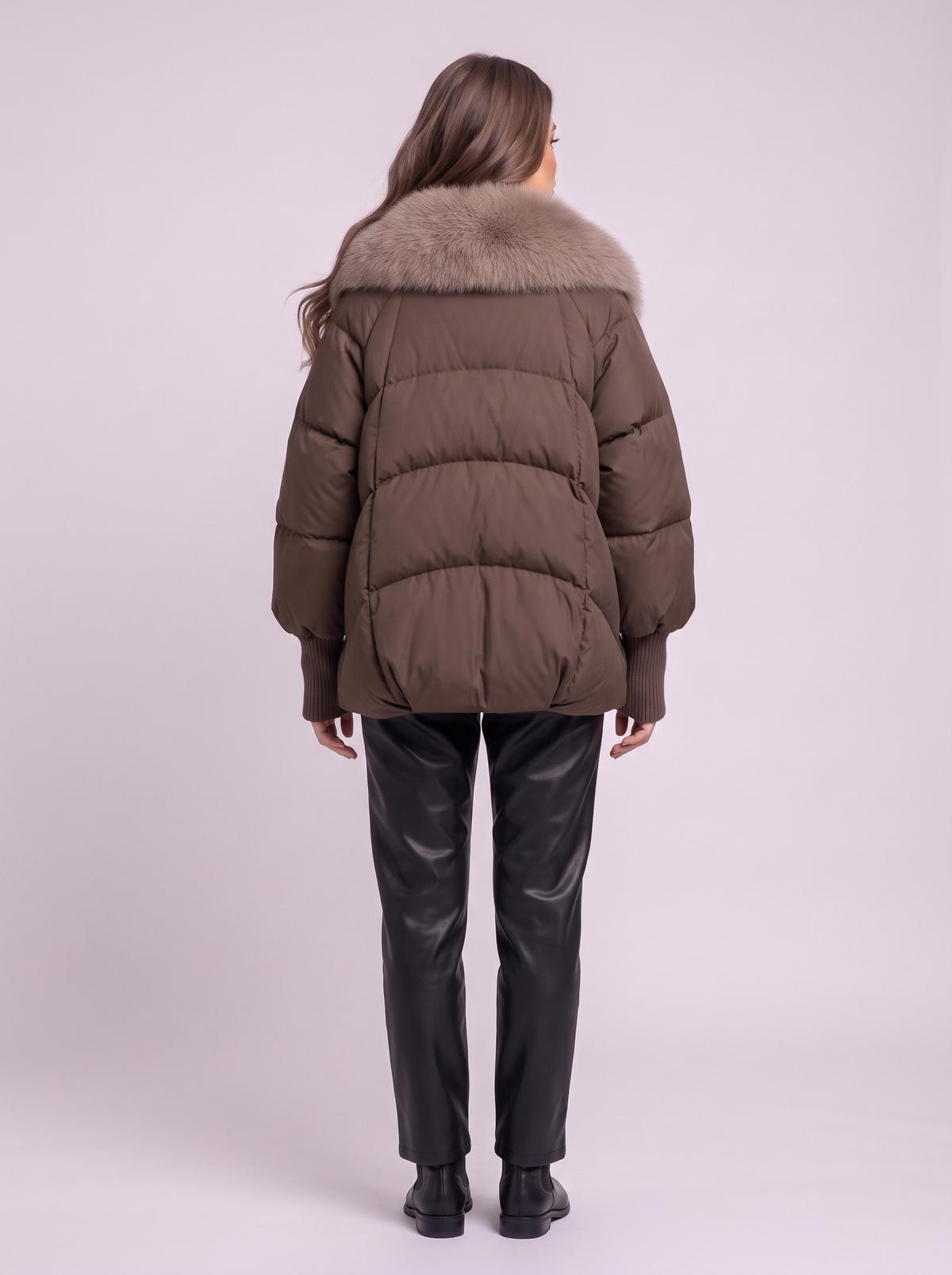 Fur Collar Short Puffer Jacket - Brown - back