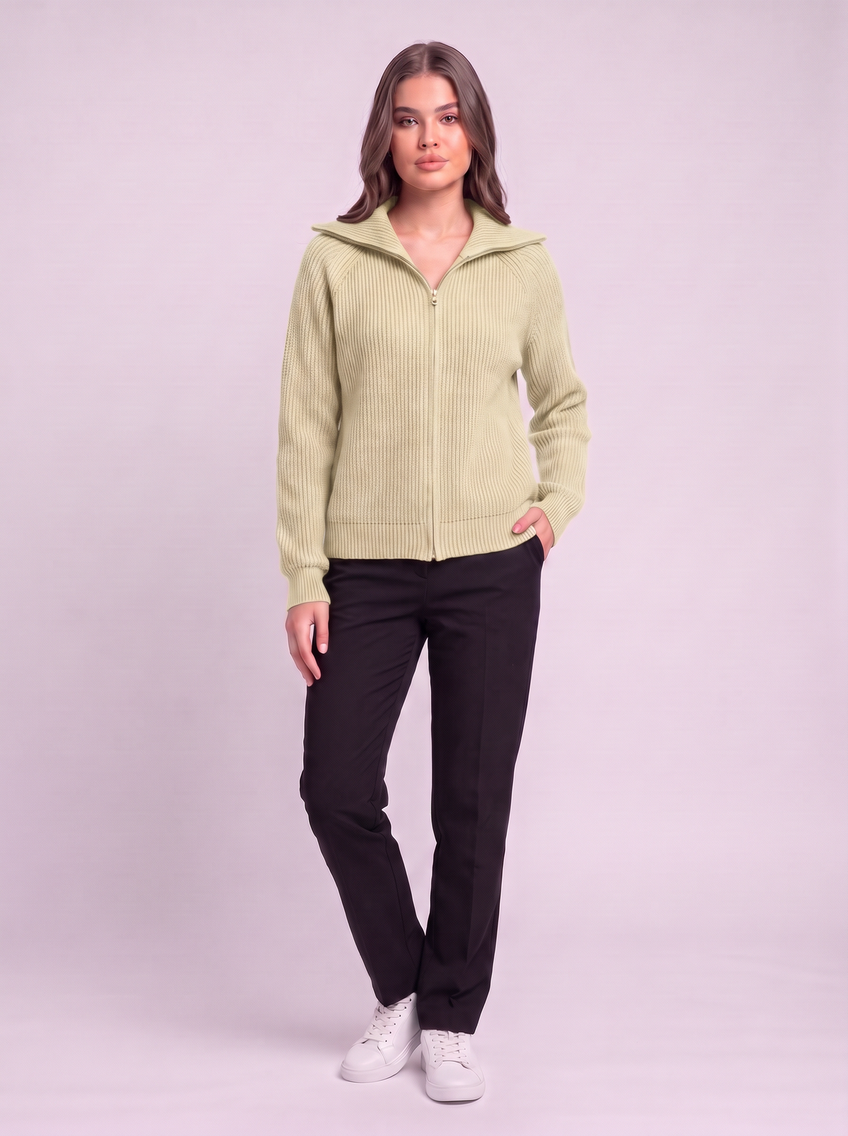 Ribbed Knit Zip Cardigan - Khaki