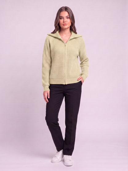 Ribbed Knit Zip Cardigan - Khaki